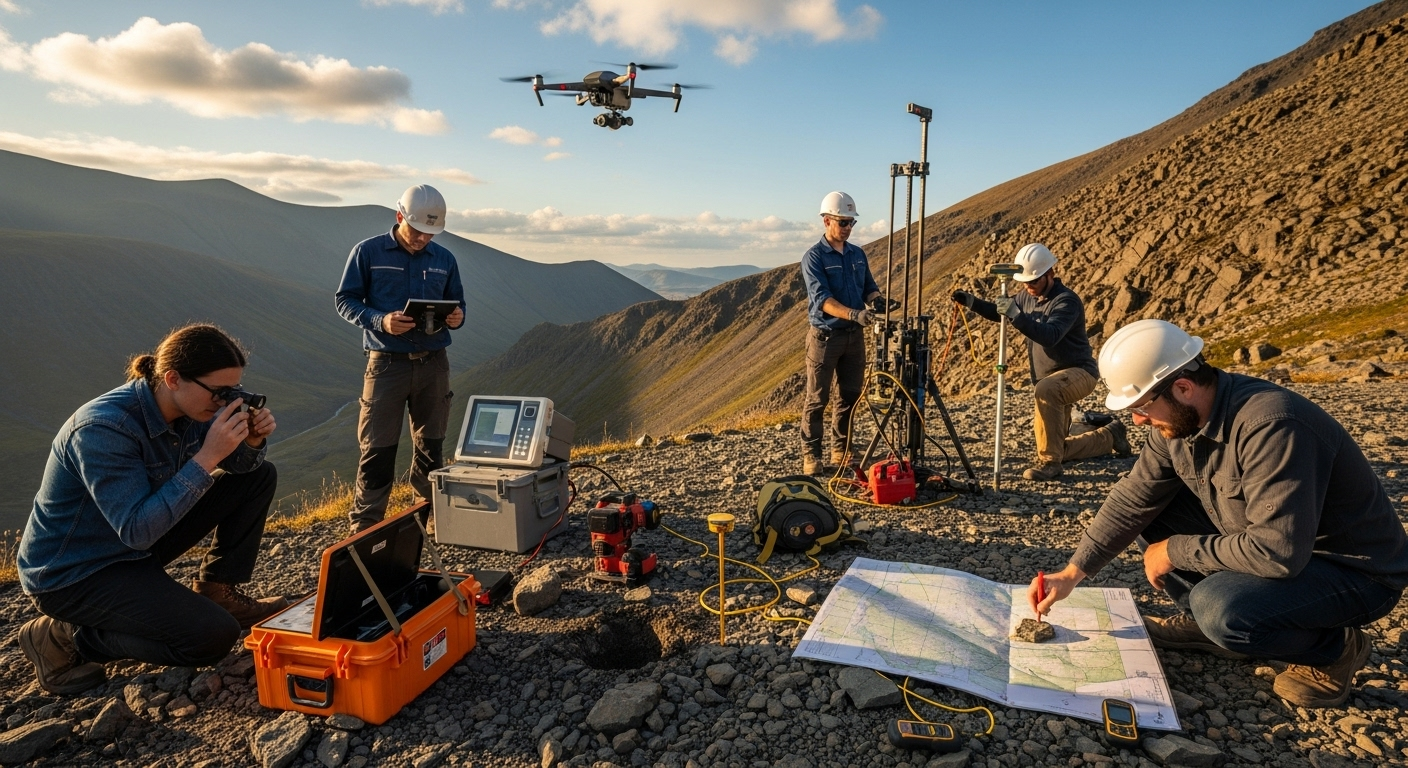 Equipo geológico en cumbre preparando instrumentos