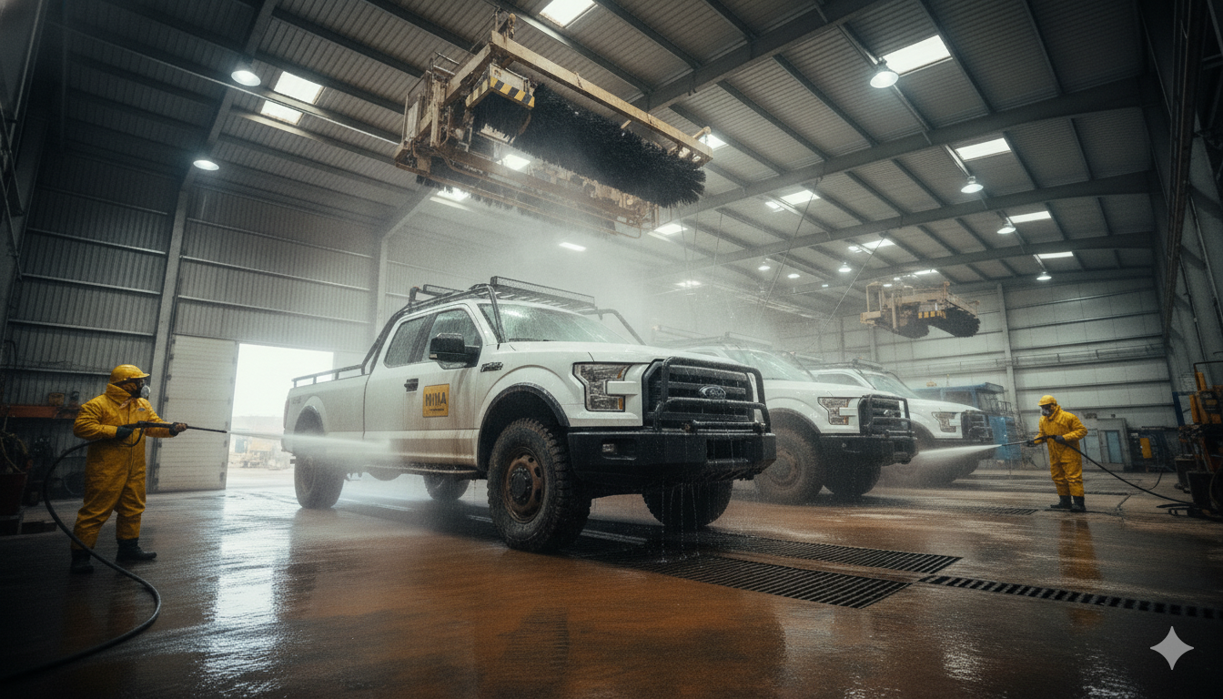 Lavado exterior de bus minero